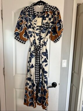 NWT entro Blue and Brown Floral Maxi Dress with Button Front
